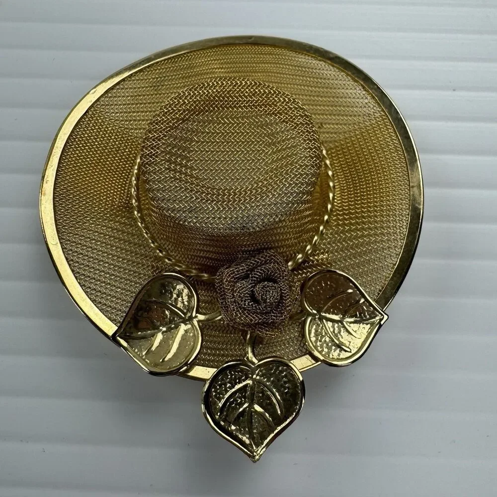 Vintage Gold Tone Mesh Hat Brooch Pin Floral Leaves Statement Retro
